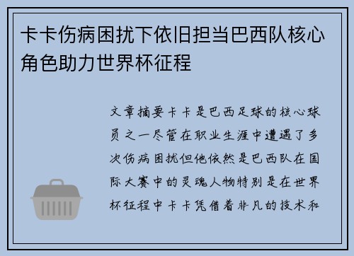 卡卡伤病困扰下依旧担当巴西队核心角色助力世界杯征程