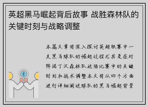 英超黑马崛起背后故事 战胜森林队的关键时刻与战略调整